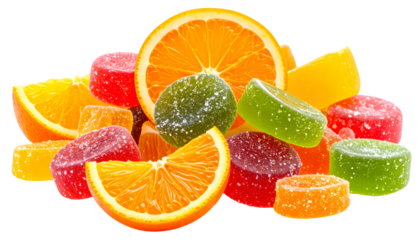 A colorful arrangement of citrus slices and vibrant fruit jellies, sugary coated