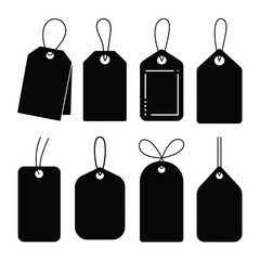 Collection of blank black gift tags with strings