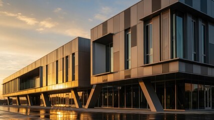 Modern architectural marvel - a stunning building under a golden sky.
