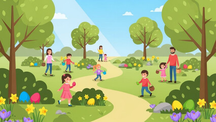 Happy Children Playing with Easter Eggs in Spring Park