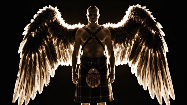 Caucasian man with large feathered wings and kilt poses in spotlight on black background, showcasing costume and fantasy character footage