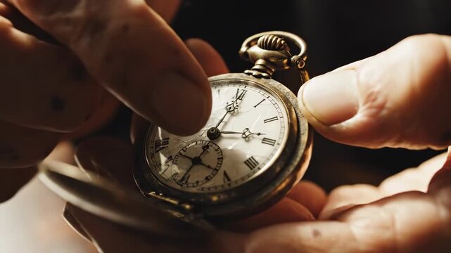 Old man holding and opening a vintage pocket watch, checking the time on classic clock face footage