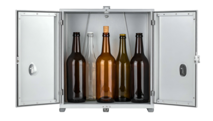 Silver cabinet open, displaying various glass bottles of differing colors and shapes