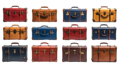 Twelve vintage leather suitcases arranged in a grid, showcasing various colors and details