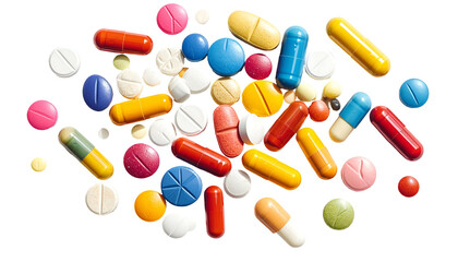 Assortment of multi-colored pills and capsules scattered on a dark background