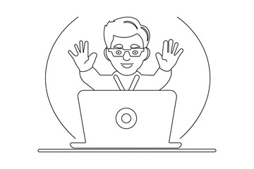 Minimalist character using laptop and waving hand in virtual online meeting