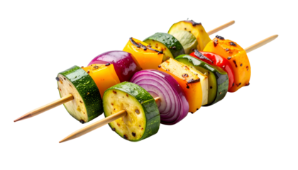 Two skewers showcasing grilled, colorful vegetables against a solid black background