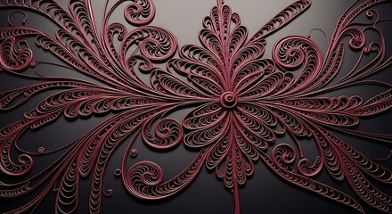 Intricate maroon filigree pattern on dark backdrop, ornate and delicate