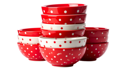 Stacked and arranged red and white polka dot bowls on black background