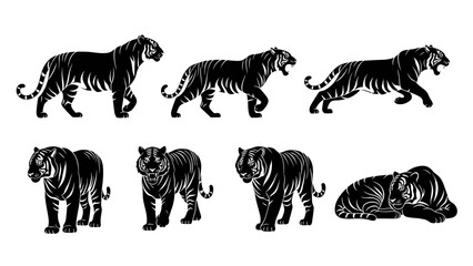 Obraz premium Collection of black tiger silhouettes in various poses.