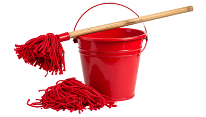 Vivid red bucket with a mop and handle, plus extra mop head, set against black