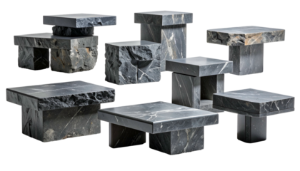 Abstract arrangement of geometric stone blocks, various sizes, shades, and heights, with rough textures