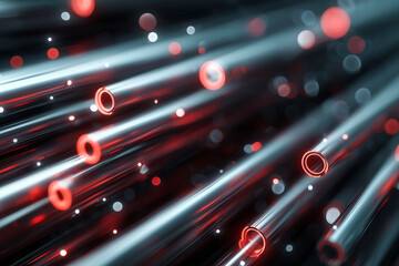 Abstract illustration of glowing red and silver tubes extending into the distance, creating a sense of depth and motion, with a vibrant bokeh effect enhancing the visual appeal