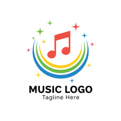 Vibrant Colorful Musical Note Logo with Rainbow Swoosh and Stars