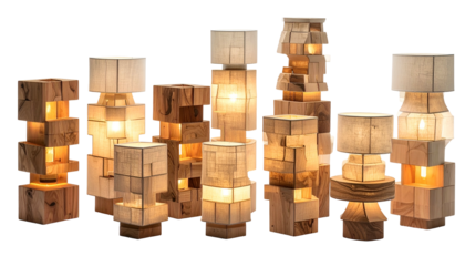Collection of wooden block lamps, lit from within, varying shapes and heights, neutral toned