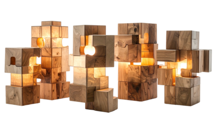 Wooden modular sculptures with internal lighting creating a warm, ambient glow