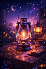 oil lamp on an old table with a neon twilight theme
