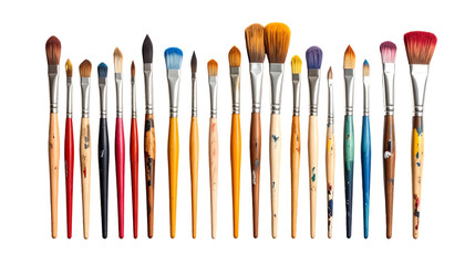 A collection of paintbrushes of various shapes, sizes, and colors, displayed horizontally