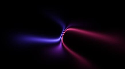 Abstract background featuring a minimalist collision of glowing purple and magenta neon light trails. Futuristic design with smooth violet energy beams and cinematic light flares on a black background