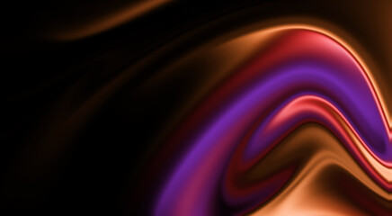 Abstract 3D background with flowing liquid folds of glowing purple, orange, and red light. Elegant fluid motion featuring deep color saturation, silky metallic reflections, and sophisticated gradients