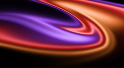 Abstract background featuring a dynamic swirl of glowing purple, red and orange neon light. Sophisticated 3D fluid motion with vibrant color gradients, smooth metallic reflections on black background