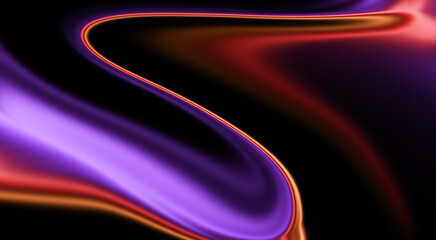 S-curve abstract background with glowing neon purple and orange light. Modern digital art with liquid flow effect and vibrant colors on black.