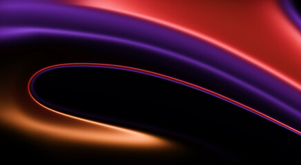 Dark and elegant abstract background with a large curved glowing purple wave. Luxury silk texture with metallic sheen and futuristic lighting.