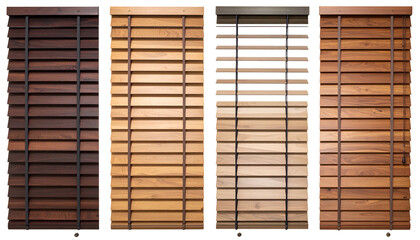 Four varied wood blinds demonstrate open/closed states. Colors range from light to dark