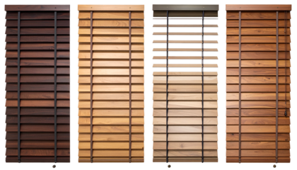 Four varied wood blinds demonstrate open/closed states. Colors range from light to dark