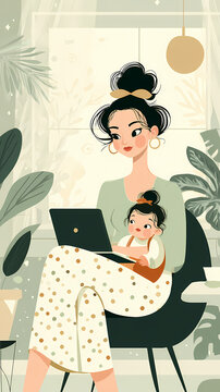 Illustration plate de nomade digital repr&eacute;sentant une femme diverse &eacute;quilibrant travail et bien &ecirc;tre dans la nature, travail &agrave; domicile, t&eacute;l&eacute;travail