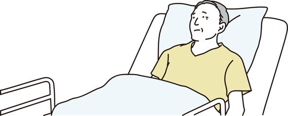 介護用のベッドで横になるシニア男性のイラスト素材