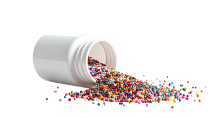 A white plastic bottle lies on its side, spilling a cascade of colorful, round beads