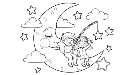 Children sitting on a crescent moon with stars and clouds a whimsical night sky illustration for coloring pages and storybooks