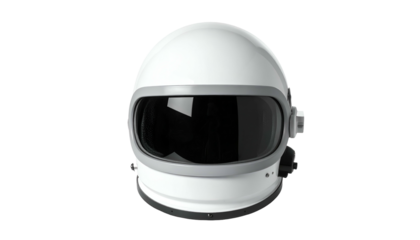 A pristine white space helmet with a dark visor and gray accents, set against black