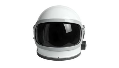 A white astronaut helmet isolated on a black background, with a dark, reflective visor