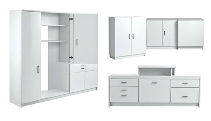 Group of various white storage cabinets with doors and drawers against a black backdrop