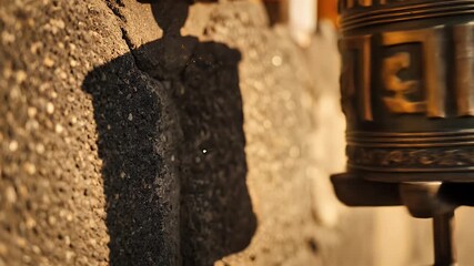 Shadow of a person on a wall next to a prayer wheel.