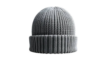 A gray ribbed knit beanie hat, centered on a black background