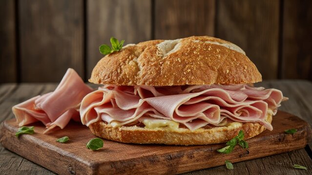 Ein Brot mit Schinken in Nahaufnahme