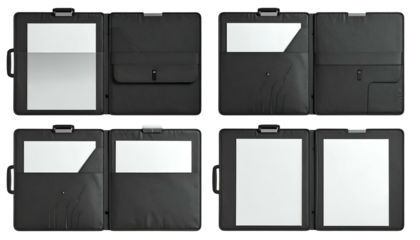 Four open black portfolios showcasing document pockets and paper inserts