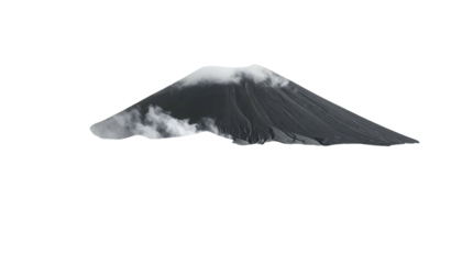 Black & white, high-contrast image of a mountain, its peak shrouded in misty clouds