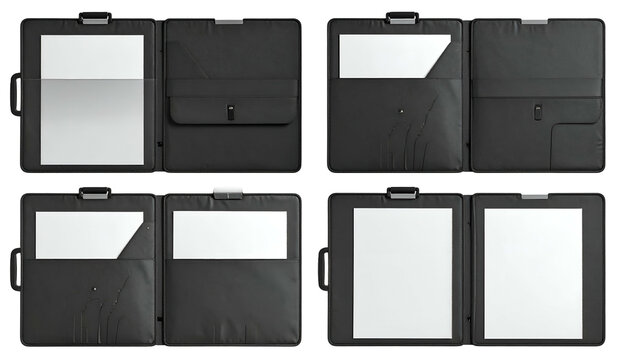 Four open black portfolios showcasing document pockets and paper inserts