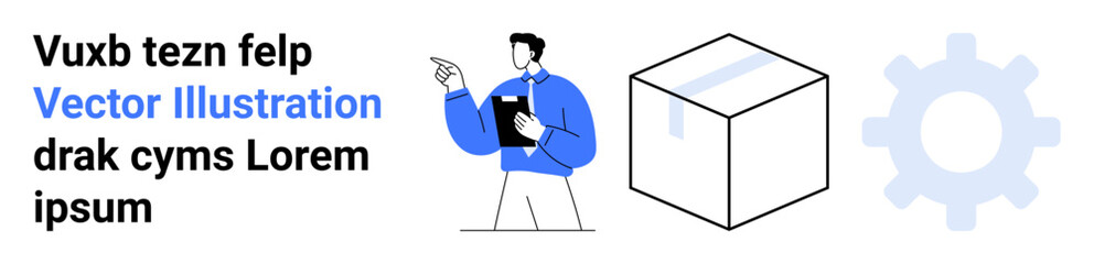 Business strategy, industrial operations, supply chain, professional management, logistics, workflow optimization. Person holding a clipboard, cube shape and gear icon. Business strategy