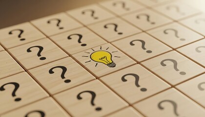 Idea generation and creative insight concept: a glowing lightbulb solution emerges from a grid of many question marks on wooden tiles.