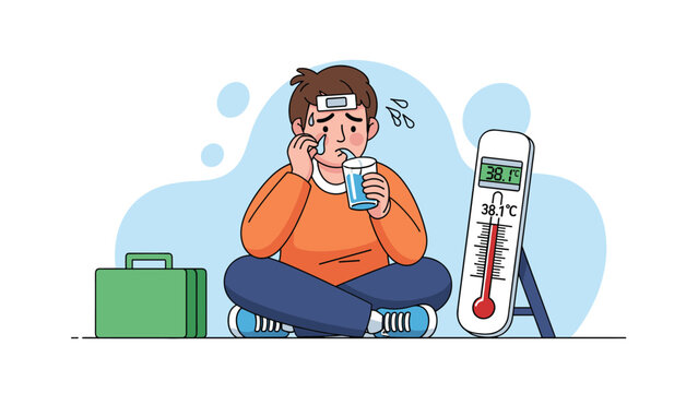 Sick young boy with a fever sits on the floor with a medical patch on his forehead, holding a glass of water next to a large digital thermometer.