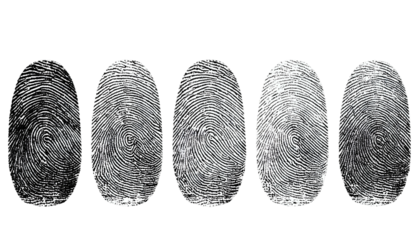 Five fingerprint scans in a row, with varying darkness against a black background