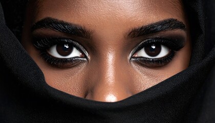Close-up shot of a person's eyes peering out from beneath a black fabric veil