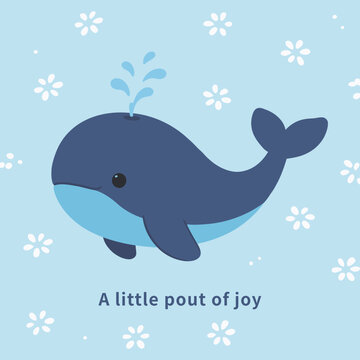 A Little Pout of Joy whale illustration with a cute dark blue whale spouting water in a sea of white flowers on light blue background