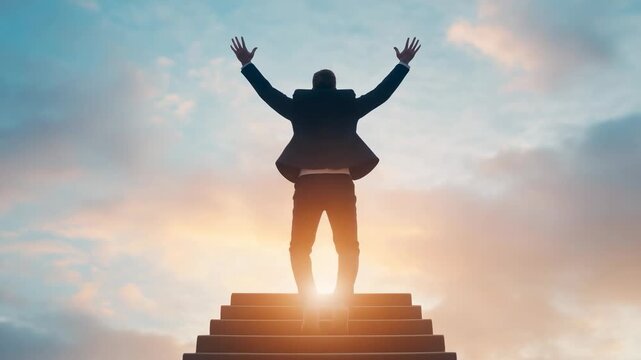 A man in a suit jump on a set of steps with arms outstretched. The sky is colorful at sunset. He appears to celebrate or feel a moment of triumph