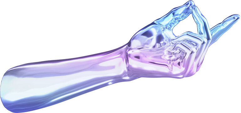 3D Holographic Hand Index Finger Pointing Forward, Iridescent Chrome Texture for Navigation and Interface Interaction